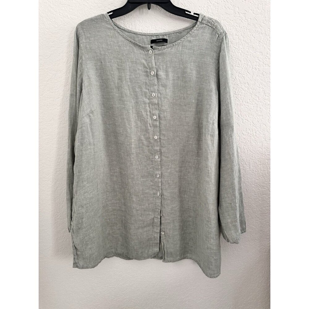 Tahari 100% Linen Button Down Tunic Shirt Top Roll Tab Sleeve Sage Green Size 1X